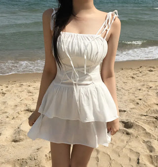 Corset Eyelet Smocked Tiered Shirred Dress Ribbon Mini