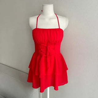 Corset Eyelet Smocked Tiered Shirred Dress Ribbon Mini