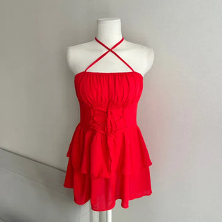 Corset Eyelet Smocked Tiered Shirred Dress Ribbon Mini