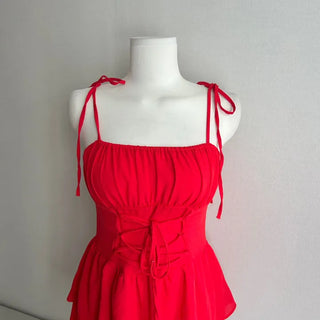 Corset Eyelet Smocked Tiered Shirred Dress Ribbon Mini