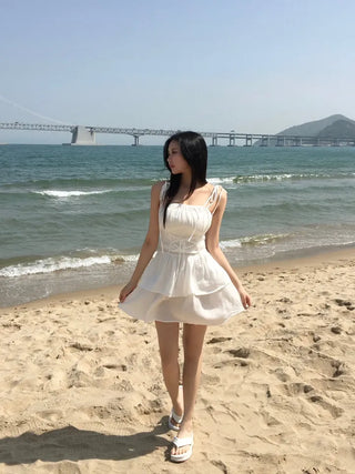 Corset Eyelet Smocked Tiered Shirred Dress Ribbon Mini