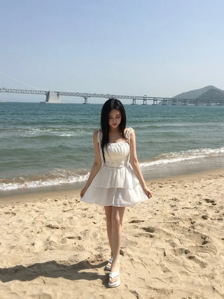 Corset Eyelet Smocked Tiered Shirred Dress Ribbon Mini