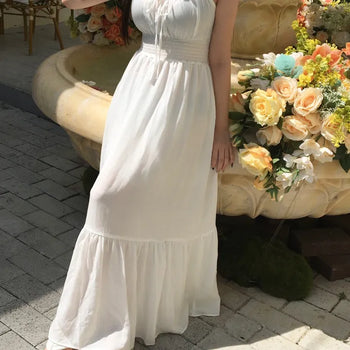 Goddess Long Sleeveless Smoked Banding Ribbon Dress Shirred