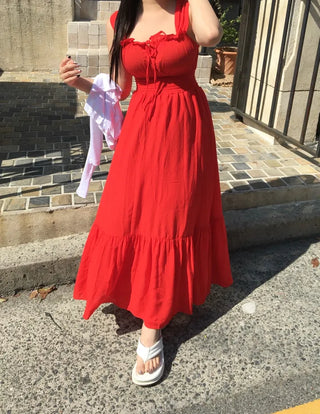 Goddess Long Sleeveless Smoked Banding Ribbon Dress Shirred