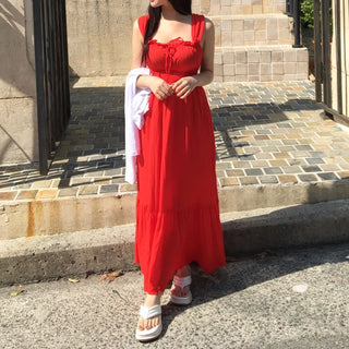 Goddess Long Sleeveless Smoked Banding Ribbon Dress Shirred