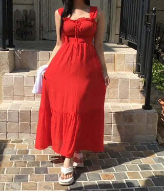 Goddess Long Sleeveless Smoked Banding Ribbon Dress Shirred
