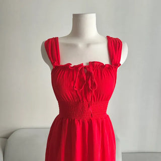 Goddess Long Sleeveless Smoked Banding Ribbon Dress Shirred