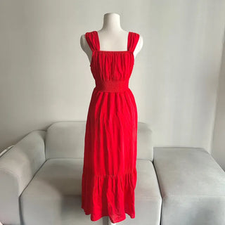 Goddess Long Sleeveless Smoked Banding Ribbon Dress Shirred