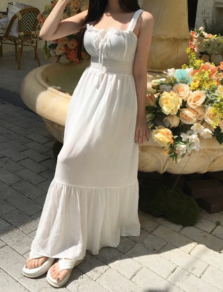 Goddess Long Sleeveless Smoked Banding Ribbon Dress Shirred