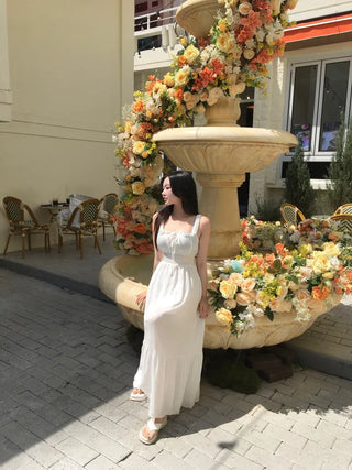 Goddess Long Sleeveless Smoked Banding Ribbon Dress Shirred