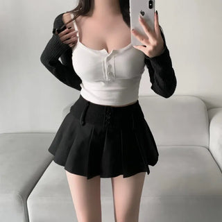 Tight-waisted Button Detail Pleated Skorts Skirt Mini Daily