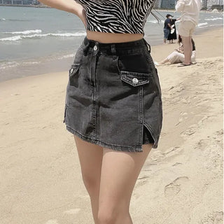 Slit Denim Button Short Skirts