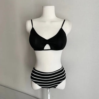 Short Sleeve Rash Guard Cover-up Striped Bikini Set