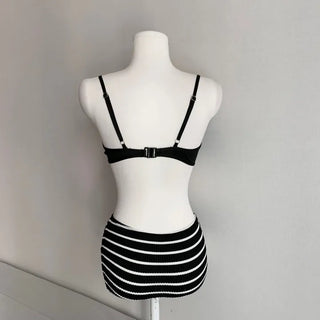 Short Sleeve Rash Guard Cover-up Striped Bikini Set