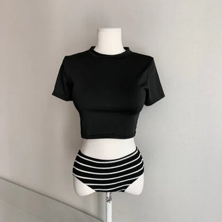 Short Sleeve Rash Guard Cover-up Striped Bikini Set