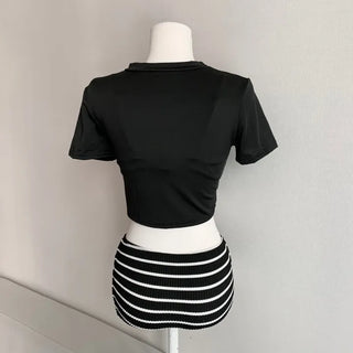 Short Sleeve Rash Guard Cover-up Striped Bikini Set