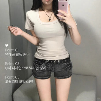 Thick-slimming deep U-neck basic short-sleeve t-shirt tee long