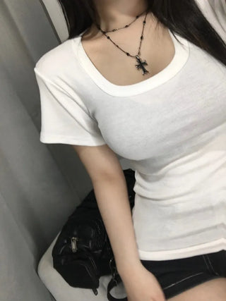 Thick-slimming deep U-neck basic short-sleeve t-shirt tee long