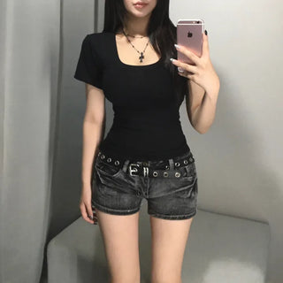Thick-slimming deep U-neck basic short-sleeve t-shirt tee long