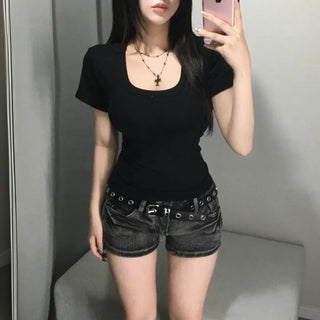 Thick-slimming deep U-neck basic short-sleeve t-shirt tee long