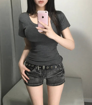 Thick-slimming deep U-neck basic short-sleeve t-shirt tee long