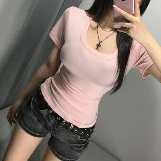 Thick-slimming deep U-neck basic short-sleeve t-shirt tee long