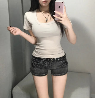 Thick-slimming deep U-neck basic short-sleeve t-shirt tee long