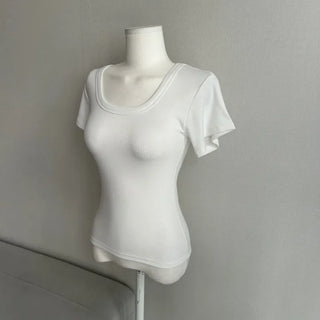 Thick-slimming deep U-neck basic short-sleeve t-shirt tee long