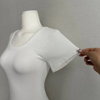 Thick-slimming deep U-neck basic short-sleeve t-shirt tee long