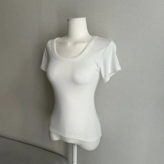 Thick-slimming deep U-neck basic short-sleeve t-shirt tee long