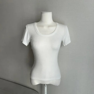 Thick-slimming deep U-neck basic short-sleeve t-shirt tee long