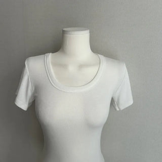 Thick-slimming deep U-neck basic short-sleeve t-shirt tee long