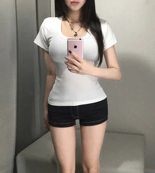 Thick-slimming deep U-neck basic short-sleeve t-shirt tee long