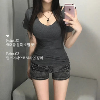 Summer Deep V-neck Arm Cover Short Sleeve T-shirt