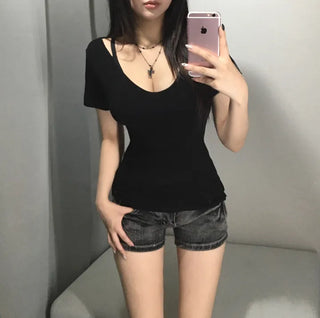Summer Deep V-neck Arm Cover Short Sleeve T-shirt