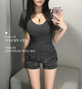 Summer Deep V-neck Arm Cover Short Sleeve T-shirt