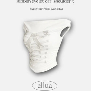 Ribbon Eyelet Corset Shirred Off-Shoulder Tee Short Sleeve