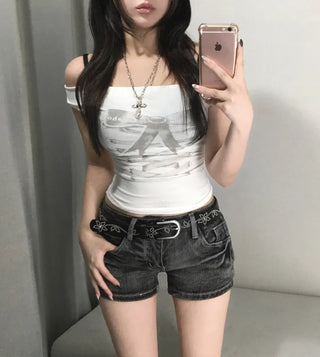 Ribbon Eyelet Corset Shirred Off-Shoulder Tee Short Sleeve