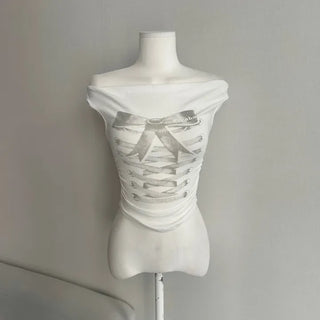Ribbon Eyelet Corset Shirred Off-Shoulder Tee Short Sleeve
