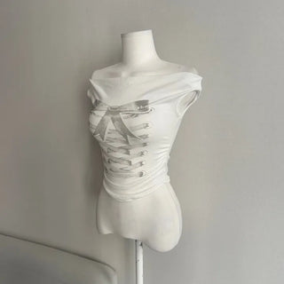 Ribbon Eyelet Corset Shirred Off-Shoulder Tee Short Sleeve
