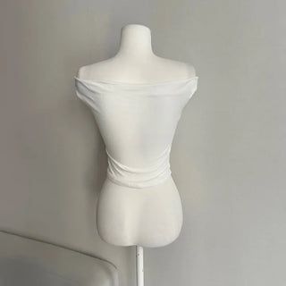 Ribbon Eyelet Corset Shirred Off-Shoulder Tee Short Sleeve