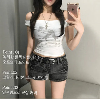 Ribbon Eyelet Corset Shirred Off-Shoulder Tee Short Sleeve