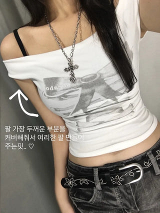 Ribbon Eyelet Corset Shirred Off-Shoulder Tee Short Sleeve