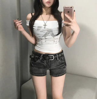 Ribbon Eyelet Corset Shirred Off-Shoulder Tee Short Sleeve