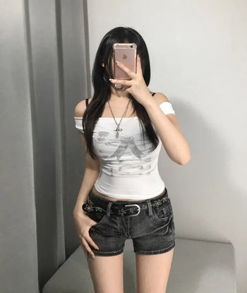 Ribbon Eyelet Corset Shirred Off-Shoulder Tee Short Sleeve