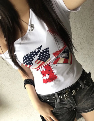 Love American Flag Half Off-Shoulder Asymmetrical Tee Basic