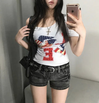 Love American Flag Half Off-Shoulder Asymmetrical Tee Basic