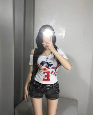 Love American Flag Half Off-Shoulder Asymmetrical Tee Basic