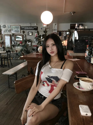 Love American Flag Half Off-Shoulder Asymmetrical Tee Basic
