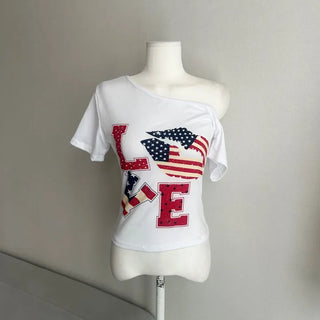 Love American Flag Half Off-Shoulder Asymmetrical Tee Basic